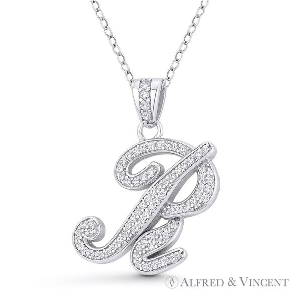 Initial Letter "R" Cursive Script CZ Crystal Pendant in .925 Sterling Silver - Picture 1 of 1